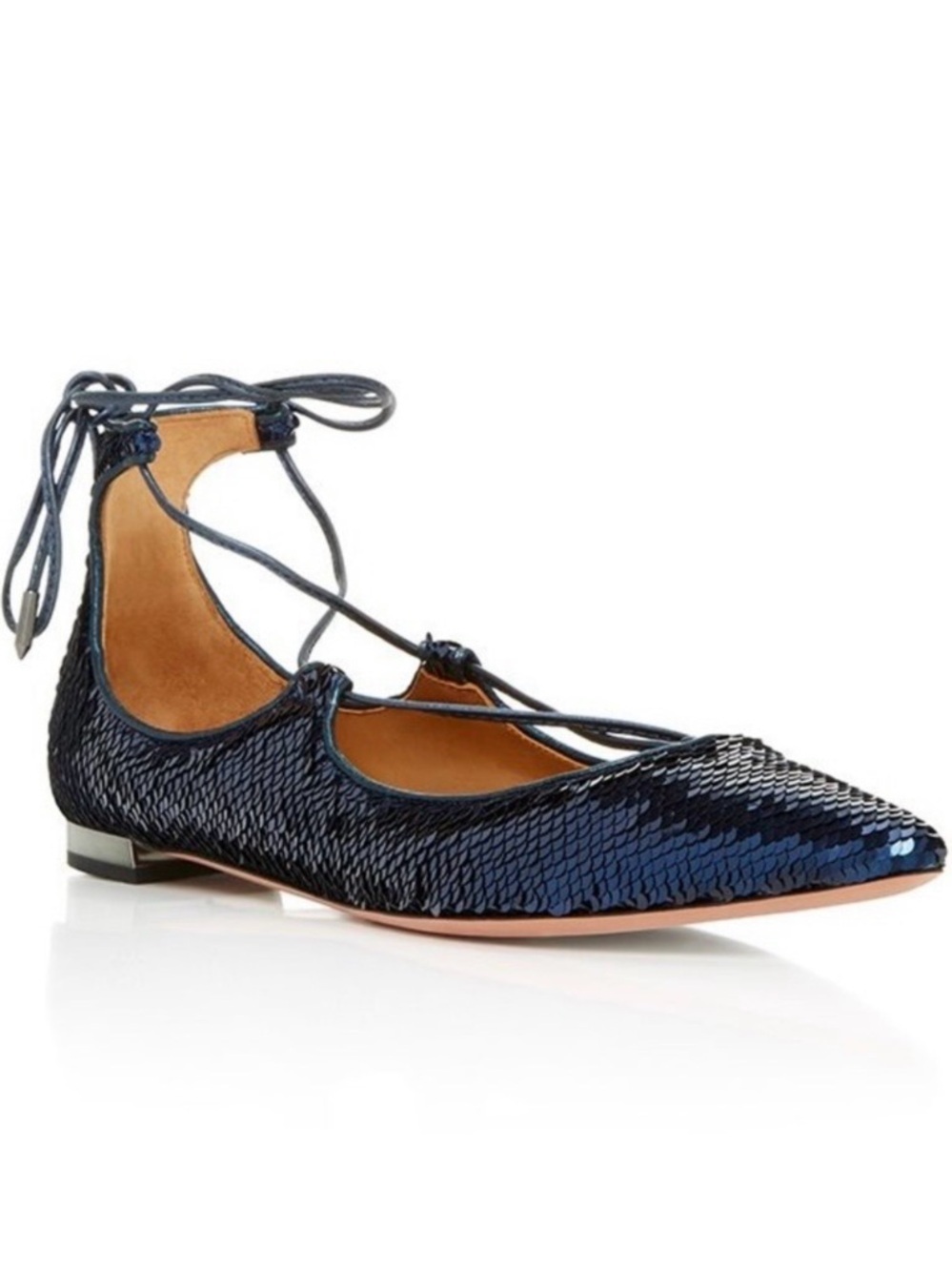 Aquazzura ‘Christy’ Lace-Up Pointed Toe Flats in Blue Sequins Size 6